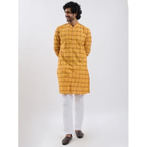 VASTRAMAY Men's Ethnic Kurta with Pyjama  Om & Swastika Printed Spiritual Wear, Lightweight & Breathable, Perfect for Puja, Shivratri & Festive Occasions