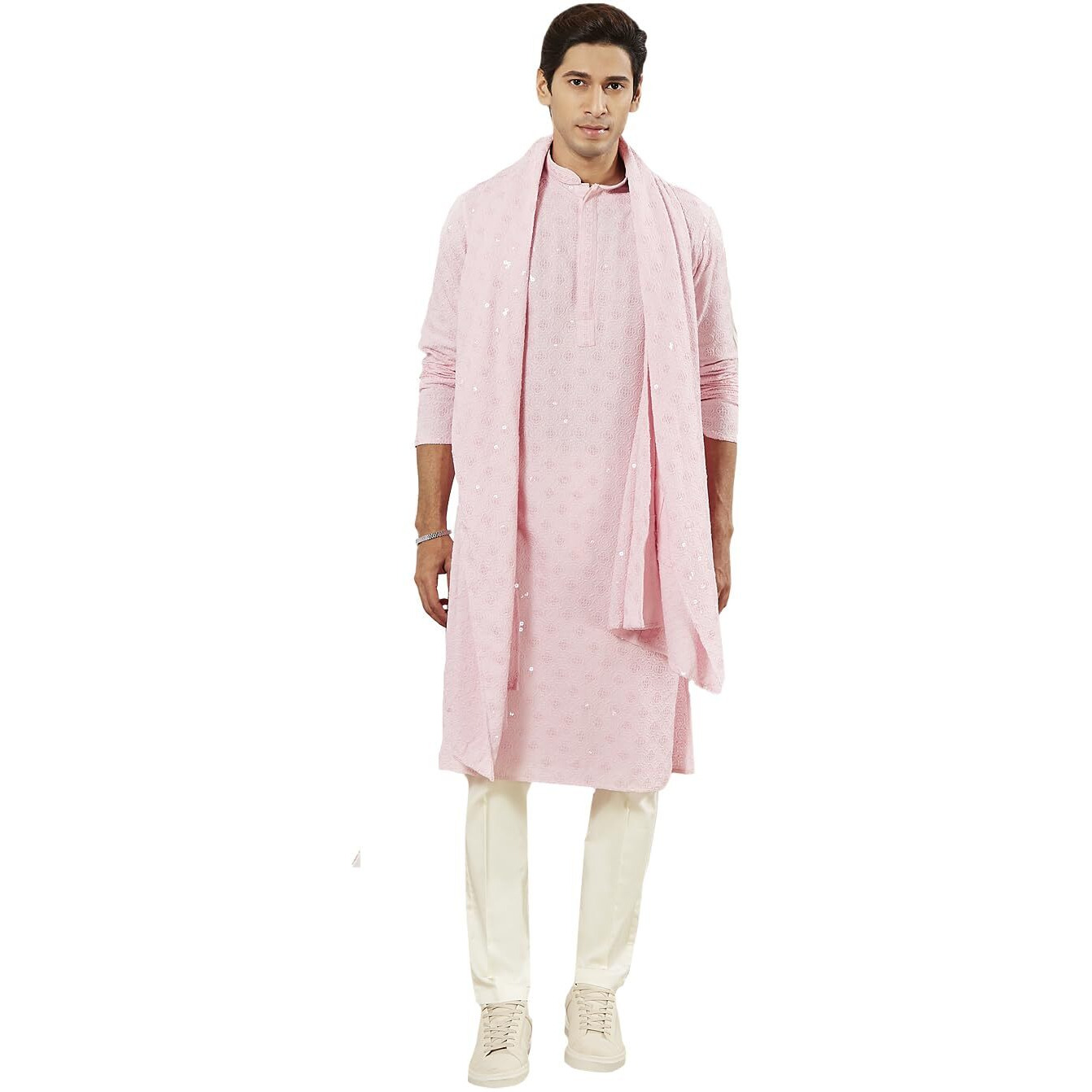 VASTRAMAY Men's Pink Rayon Kurta Pyjama And Dupatta Set - Rayon Schiffily Embroidery Kurta Pyjama And Dupatta Set For Men.