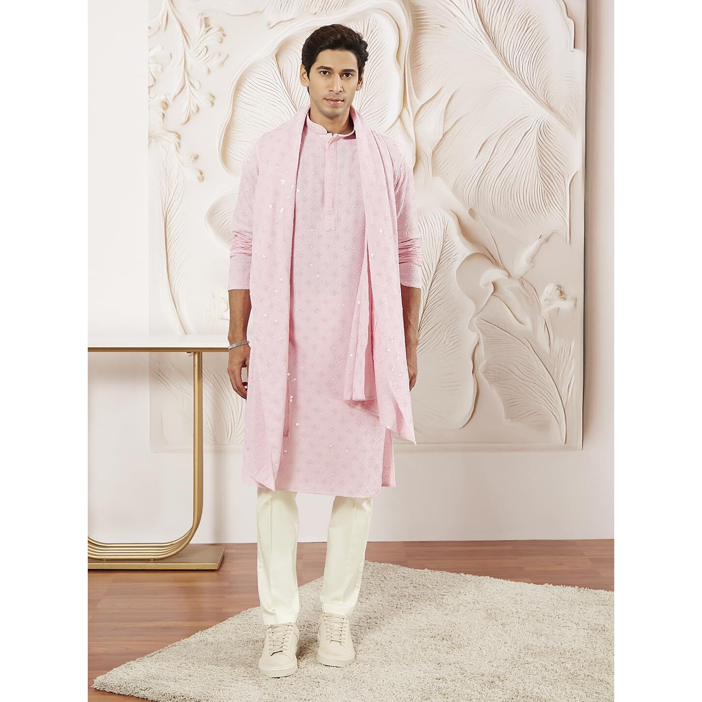 VASTRAMAY Men's Pink Rayon Kurta Pyjama And Dupatta Set - Rayon Schiffily Embroidery Kurta Pyjama And Dupatta Set For Men.