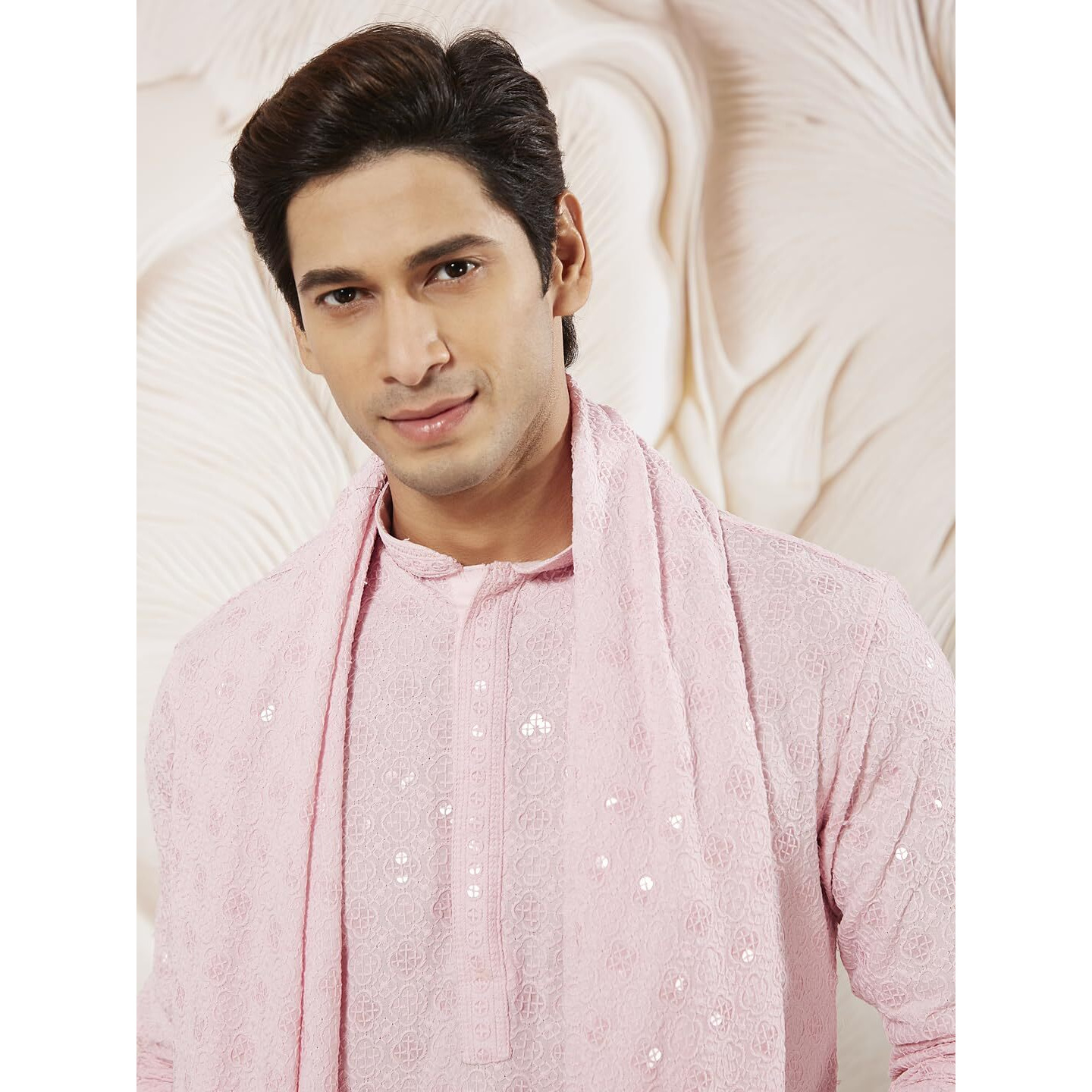 VASTRAMAY Men's Pink Rayon Kurta Pyjama And Dupatta Set - Rayon Schiffily Embroidery Kurta Pyjama And Dupatta Set For Men.