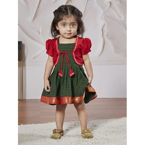 VASTRAMAY Girls' Green Dress with Jacket