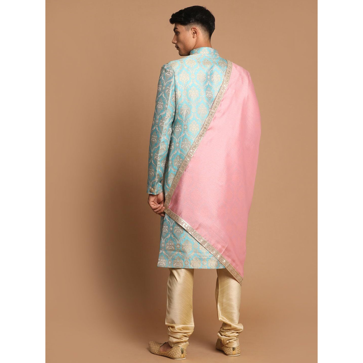 VASTRAMAY Men's Aqua, Pink And Gold Silk Blend Sherwani Set - A Set Of Brocade Sherwani And Pyjama With Dupatta