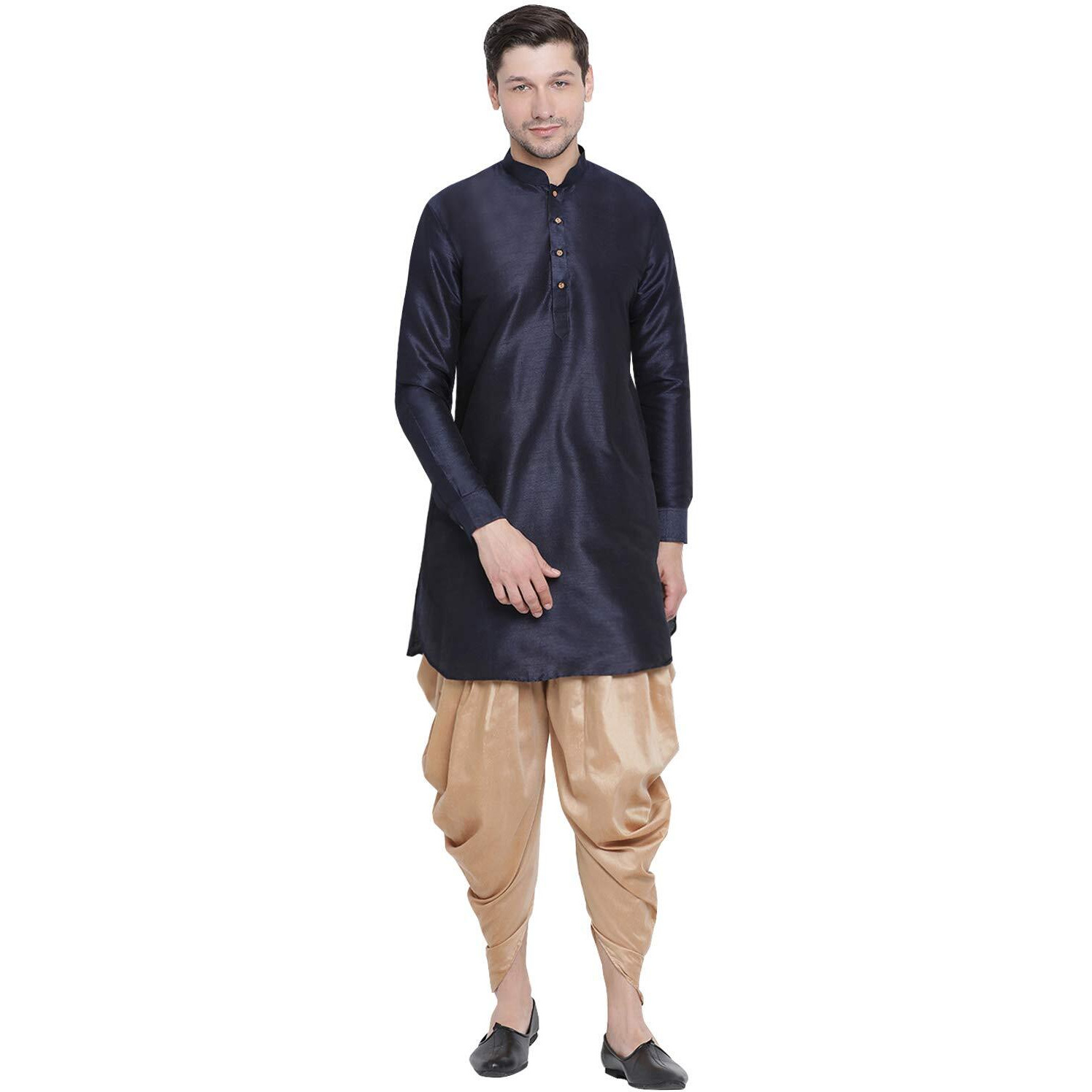 VASTRAMAY Men's Navy Blue Cotton Silk Blend Kurta and Dhoti Pant Set_VASMUK001NBnCDRG_40