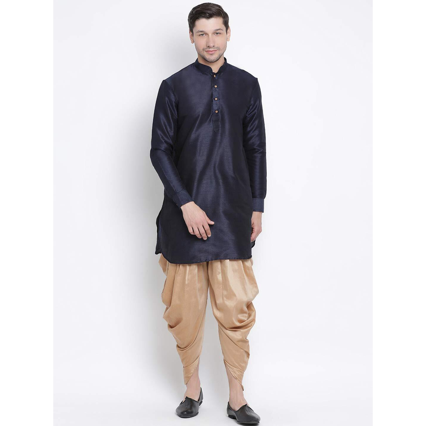 VASTRAMAY Men's Navy Blue Cotton Silk Blend Kurta and Dhoti Pant Set_VASMUK001NBnCDRG_40
