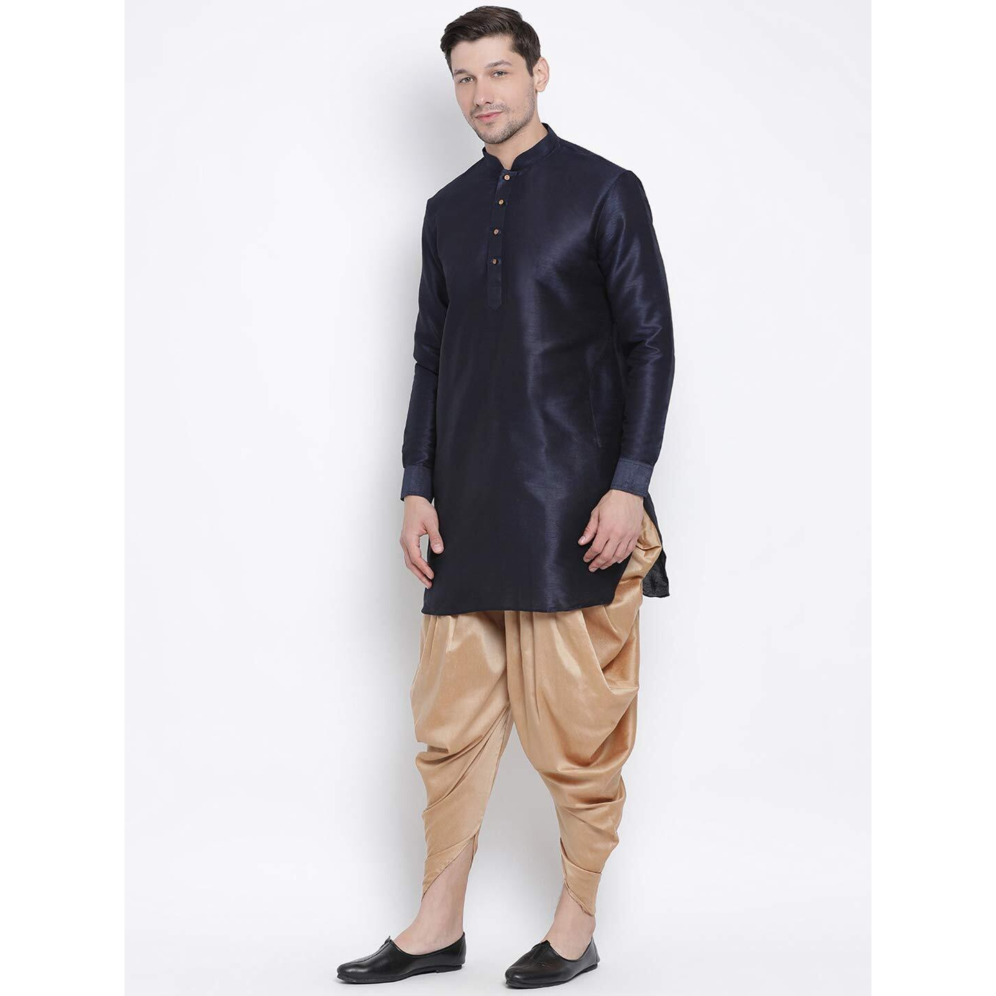 VASTRAMAY Men's Navy Blue Cotton Silk Blend Kurta and Dhoti Pant Set_VASMUK001NBnCDRG_40