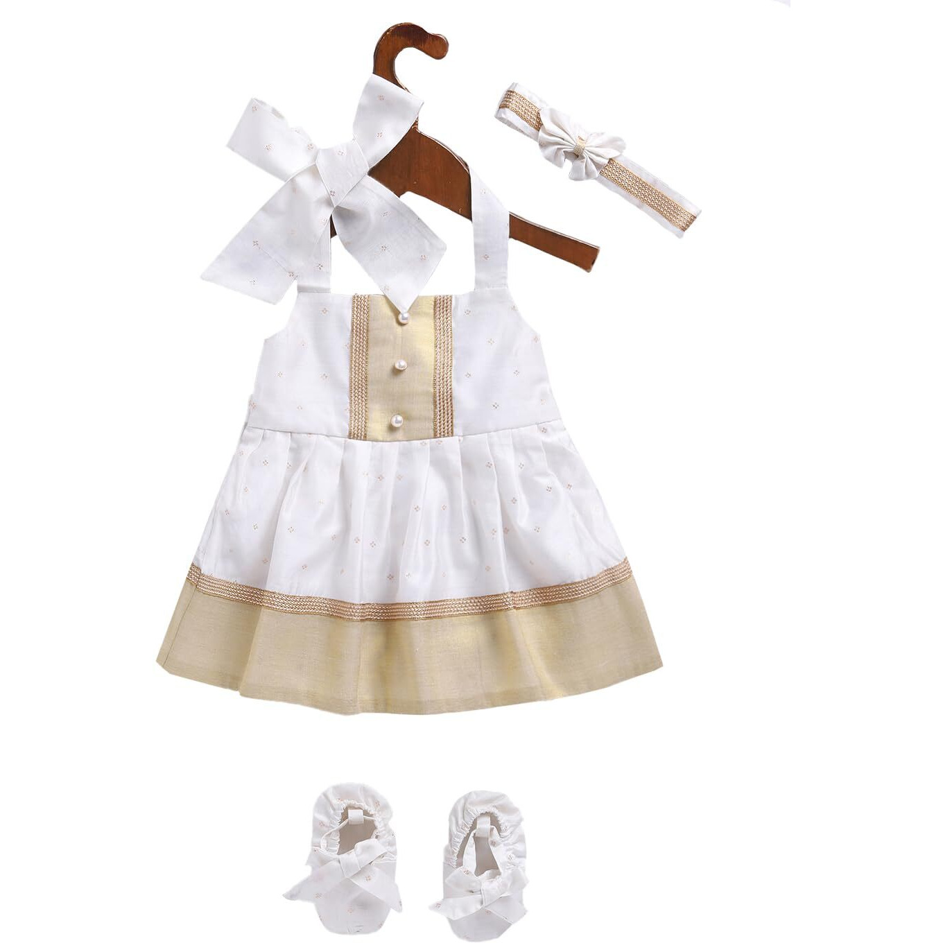 VASTRAMAY Girls' White Frock, Shoe And Head Band
