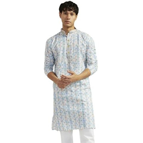 VASTRAMAY Men's Cotton Kurta for Men I All Over Embroidered and Schiffily Knee Length Straight Regula Kurta I Casual Party Festive Wedding Dressing Style_VASMK365AQ_38 Aqua