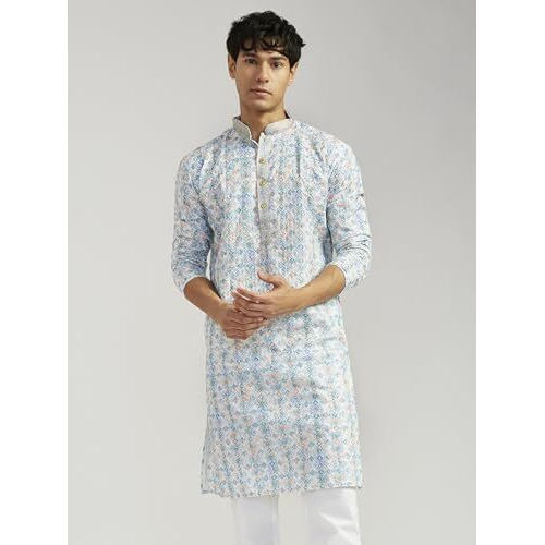 VASTRAMAY Men's Cotton Kurta for Men I All Over Embroidered and Schiffily Knee Length Straight Regula Kurta I Casual Party Festive Wedding Dressing Style_VASMK365AQ_38 Aqua