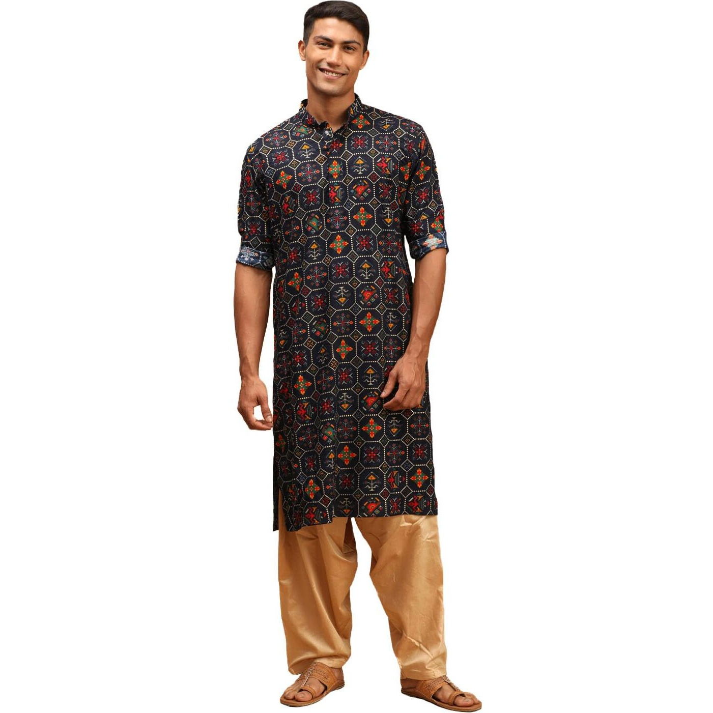 VASTRAMAY Men's Blue and Rose Gold Cotton Blend Kurta and Patiala Set_VASMK160BUnPTYRG_42
