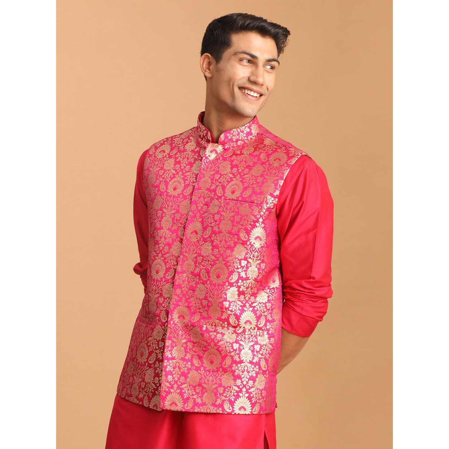 VASTRAMAY Men's Pink Jaquard Nehru Jacket | Valentino Pink Edgy Jacquard Nehru Jacket For Men