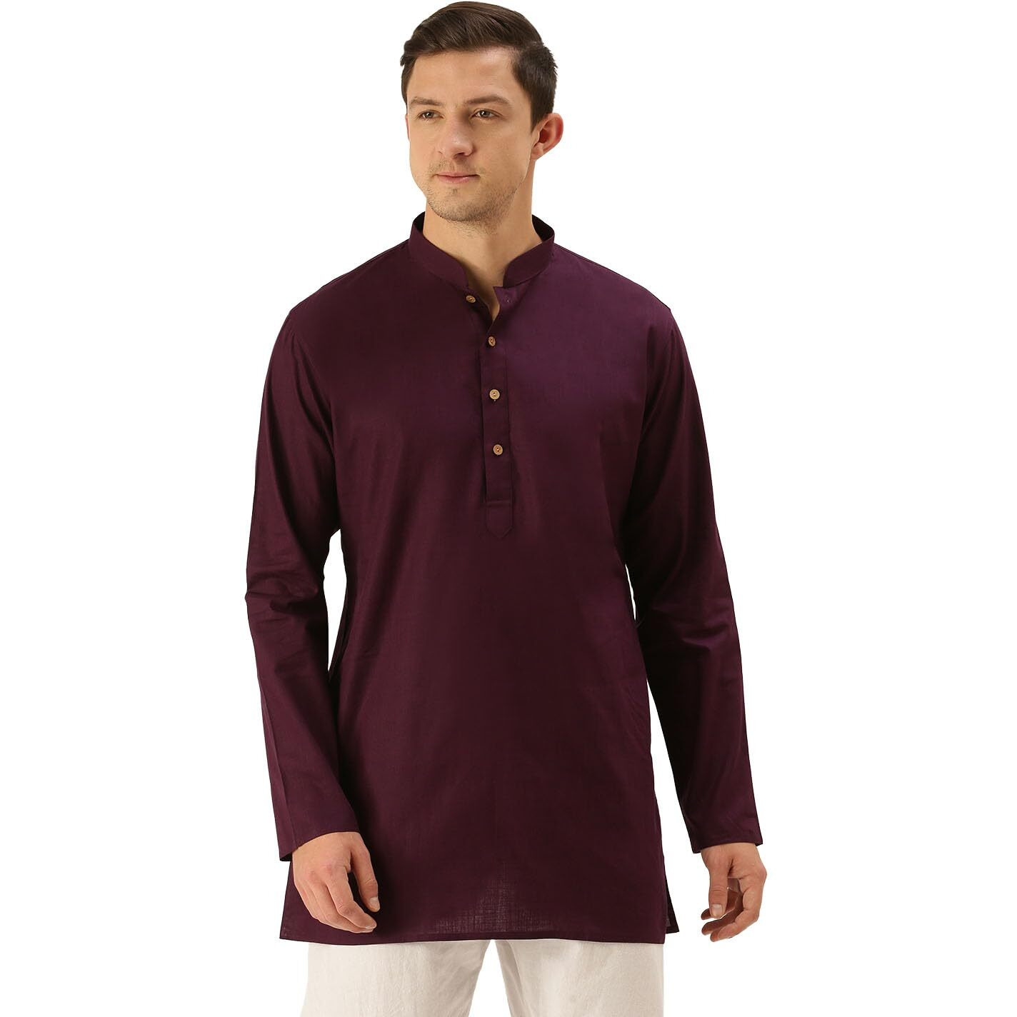 VASTRAMAY Men's Purple Cotton Linen Short Kurta-VASMMK006PU_40