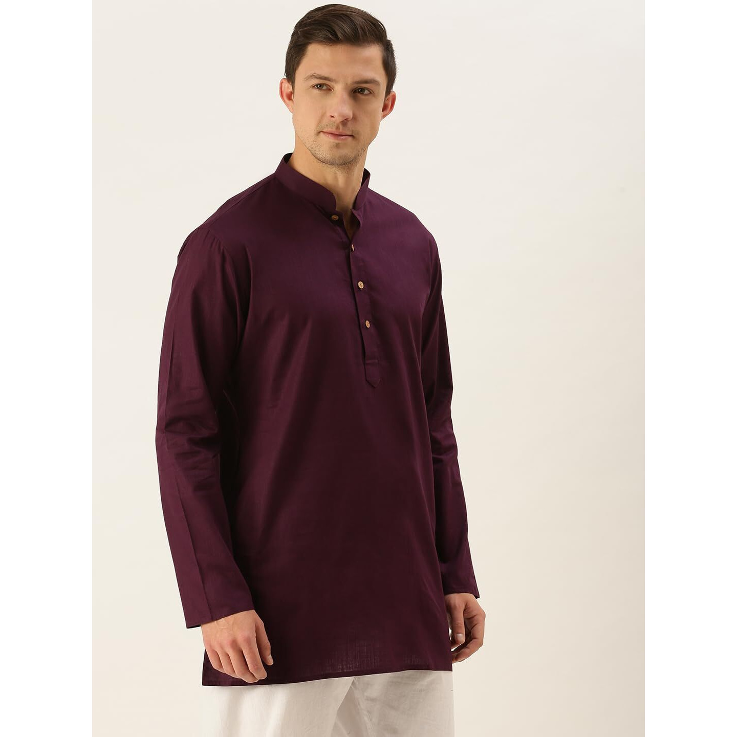 VASTRAMAY Men's Purple Cotton Linen Short Kurta-VASMMK006PU_40