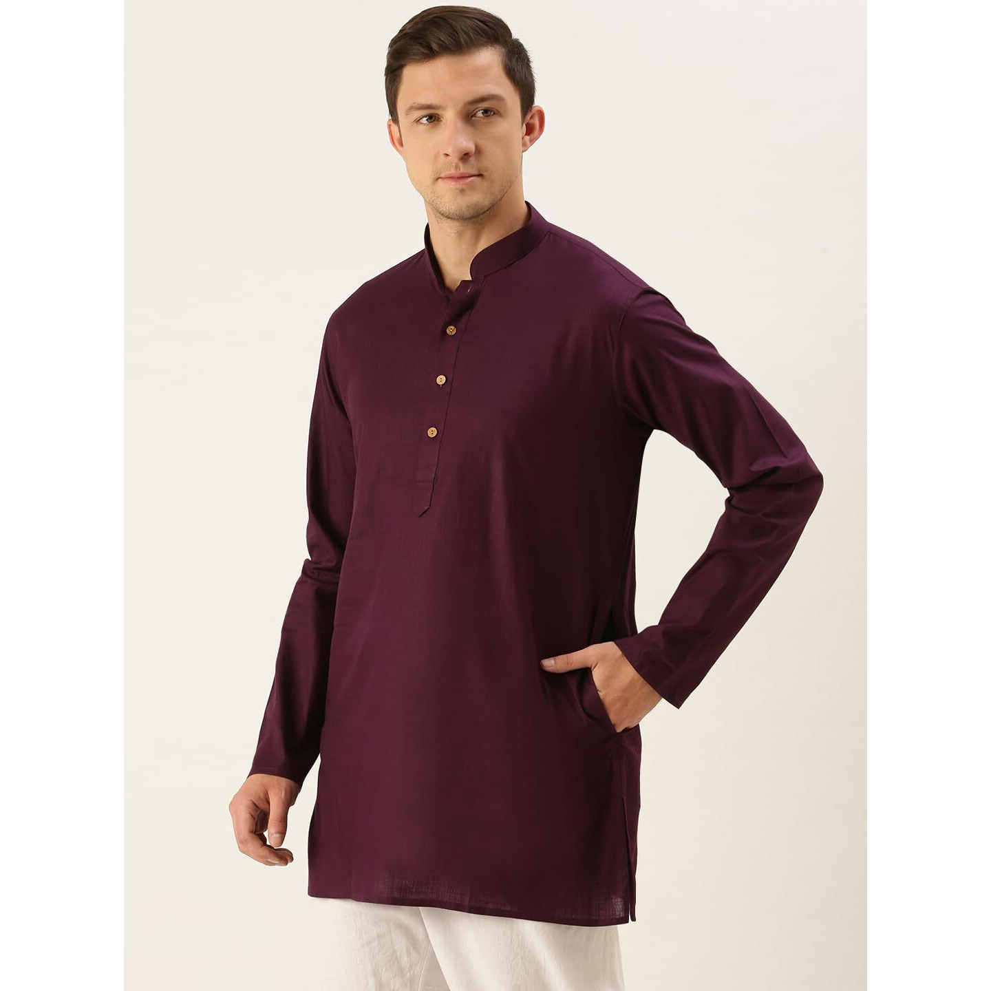 VASTRAMAY Men's Purple Cotton Linen Short Kurta-VASMMK006PU_40