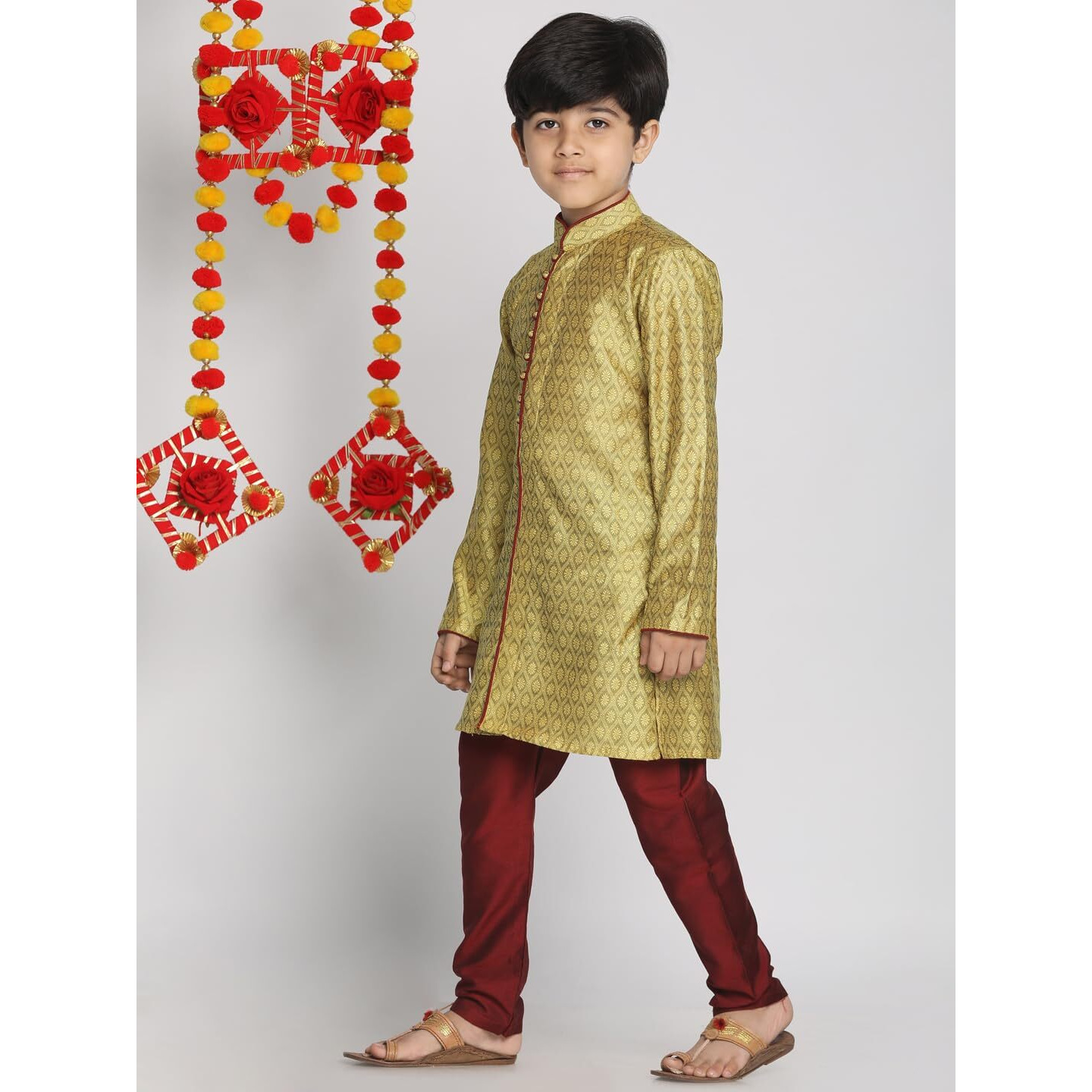 VASTRAMAY Boys' Mustard Yellow And Maroon Kurta Pyjama Set | Banarasi Silk Jacquard Kurta With Pyjama for Navratri, Diwali & Festive Celebrations - Stylish and Comfortable Indian Outfit for Kids