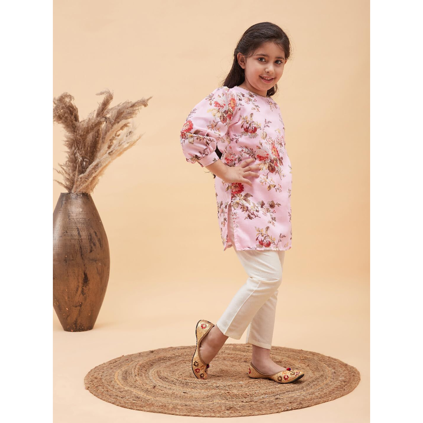 VASTRAMAY Girls' Handcrafted Kurta & Straight Pant Set  Muslin Fabric, Puff Sleeves & Embellished Neck Border