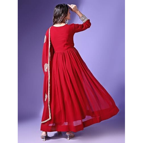 Wedani Women's Georgette Solid Anarkali Dress Maroon