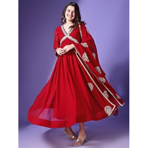 Wedani Women's Georgette Solid Anarkali Dress Maroon