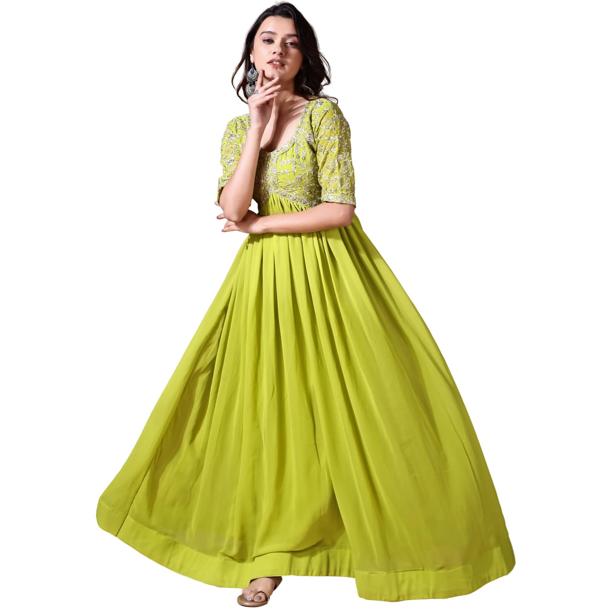 Wedani Georgette Embroidered Long Gown for Women Light Green