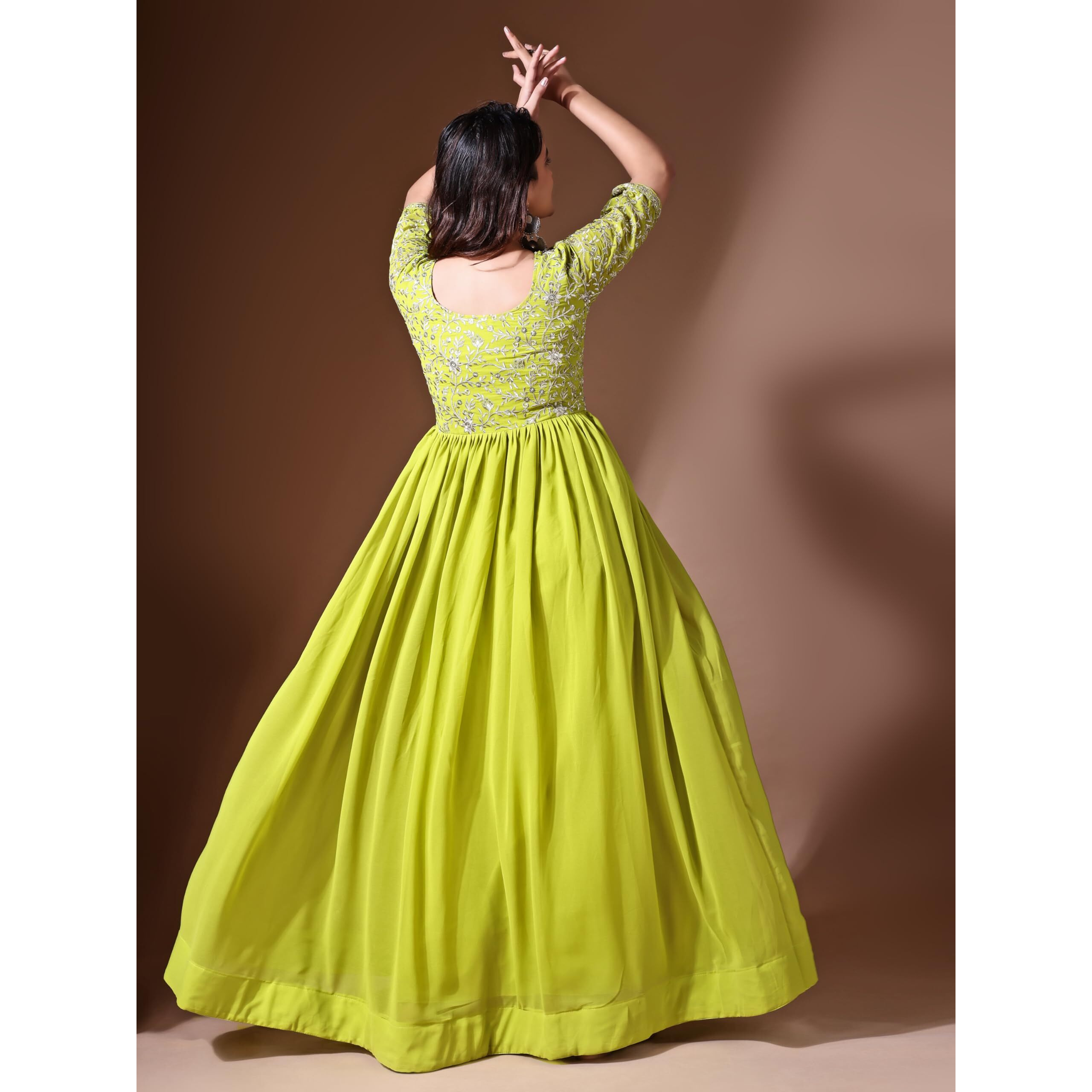 Wedani Georgette Embroidered Long Gown for Women Light Green