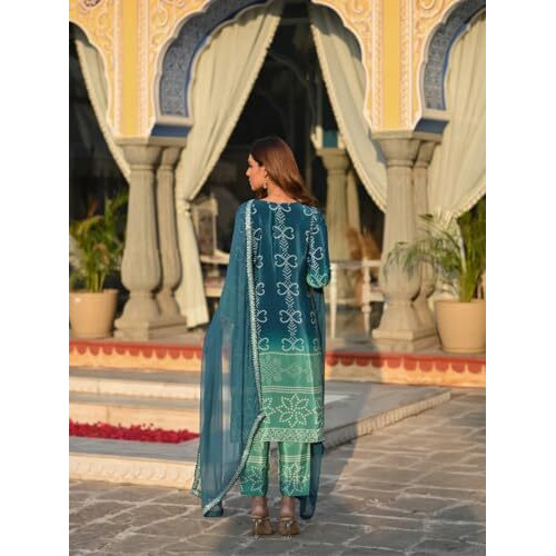 Wedani Soft Chinon Silk Bandhani Print with Sequence Embroidery Lace Border Kurta Pant Set with Dupatta for Women-Turquoise