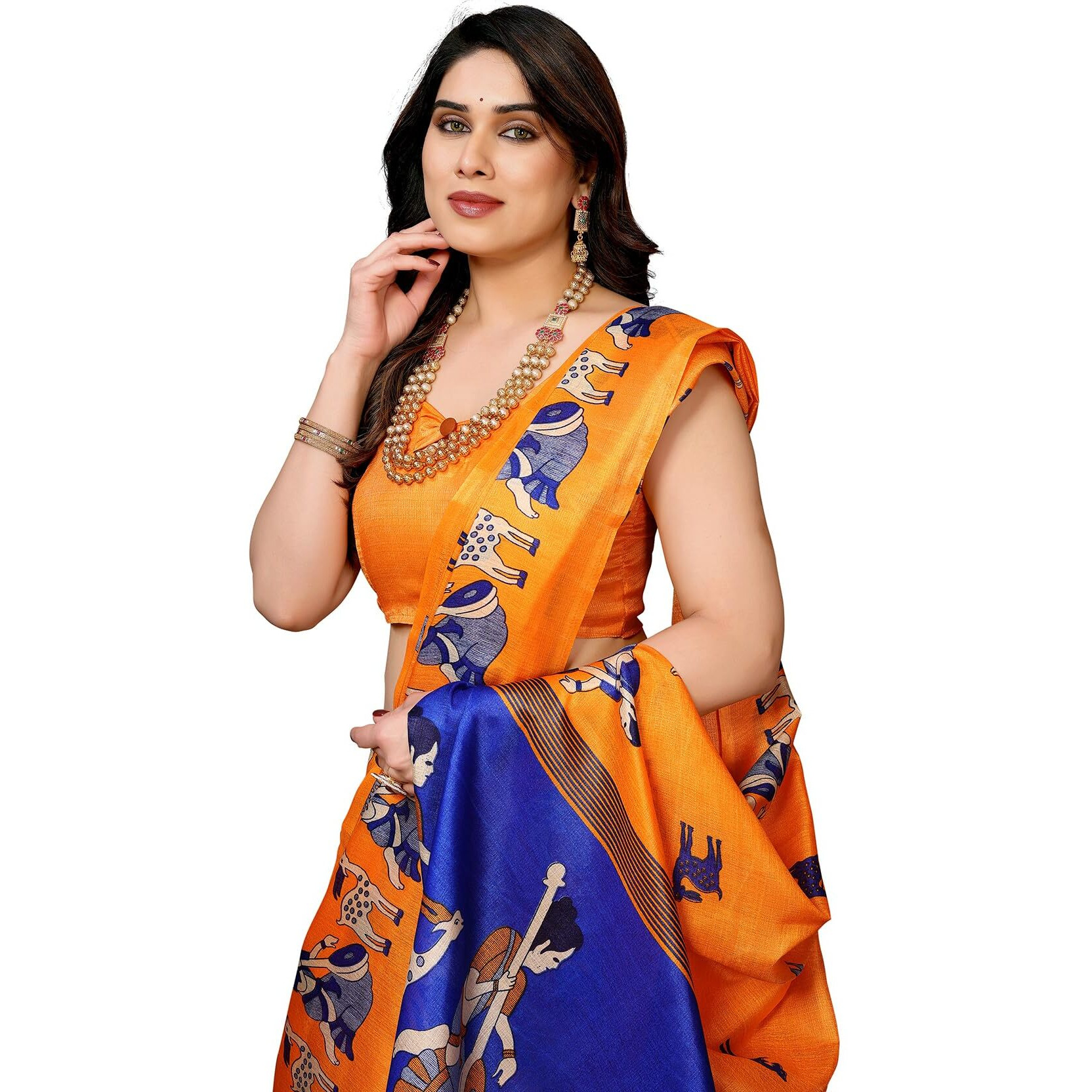 Yashika Women's Printed Kalamkari Art Silk Saree With Tassels and Unstitched Blouse Material (AZ-YS-P3-CHAITHALI ORANGE JHALAR)