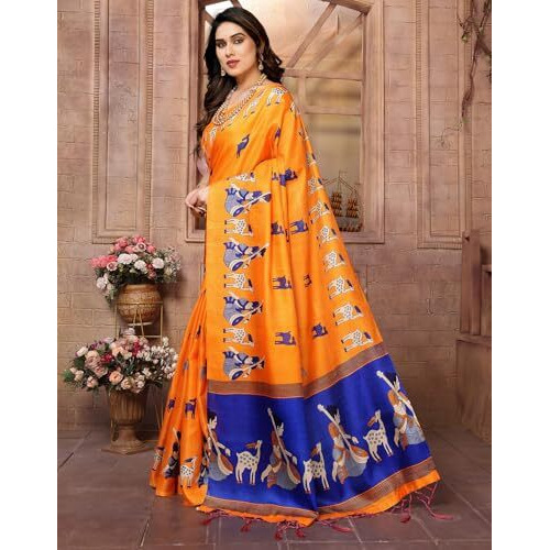 Yashika Women's Printed Kalamkari Art Silk Saree With Tassels and Unstitched Blouse Material (AZ-YS-P3-CHAITHALI ORANGE JHALAR)