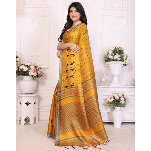 Yashika Women's Art Silk Printed Saree With Blouse Material |saree for Women | Kalamkari Saree | New Sari | Latest Saree (AZ-YS-P3-NASIMA YELLOW JHALAR)