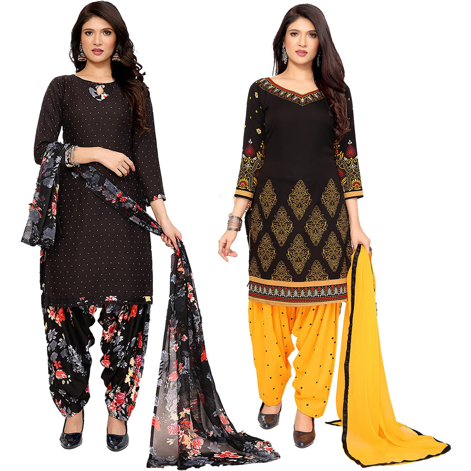 Yashika Women's Crepe Dress Material Set for Women | Unstitched Printed Fabric for Kurta Bottom & Dupatta (YS-BLACK FLOWER-HIMANI BLACK)