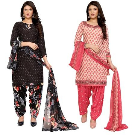 Yashika Women's Crepe Dress Material Set for Women | Unstitched Printed Fabric for Kurta Bottom & Dupatta (YS-BLACK FLOWER-JESIKA PINK)