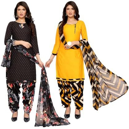 Yashika Women's Crepe Dress Material Set for Women | Unstitched Printed Fabric for Kurta Bottom & Dupatta (YS-BLACK FLOWER-MALVIKA YELLOW)