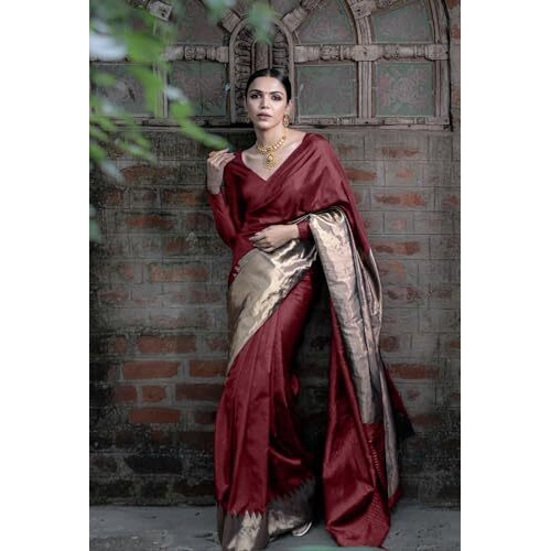 Yashika Women's Banarasi Kanjivaram Cotton Silk Woven Saree with Unstitched Blouse Material (AZ-YS-OG-MULBERRY MAROON)