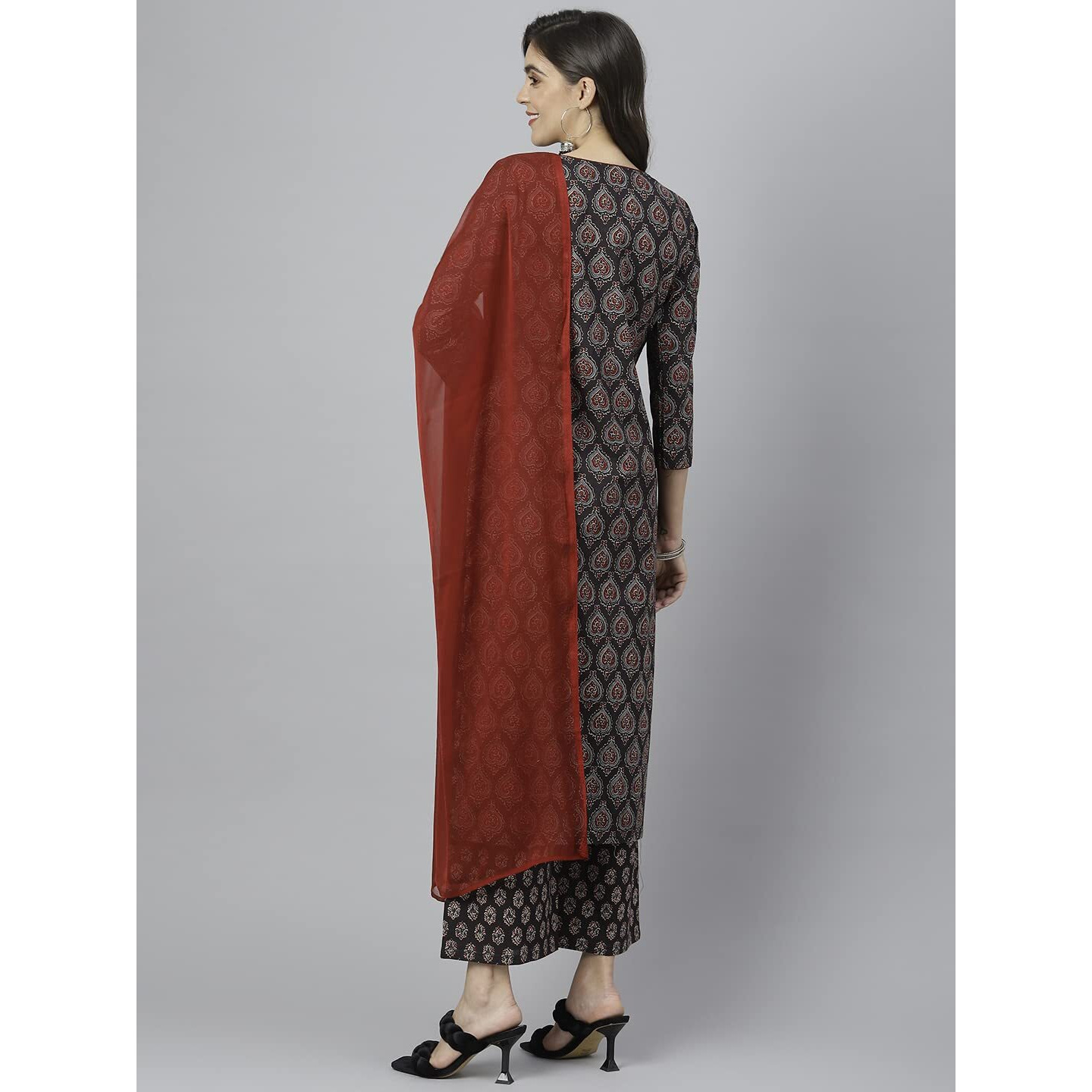 ANNI DESIGNER Women's Cotton Blend Straight Printed Kurta with Palazzo & Dupatta (Anky Brown_L_Brown_Large)