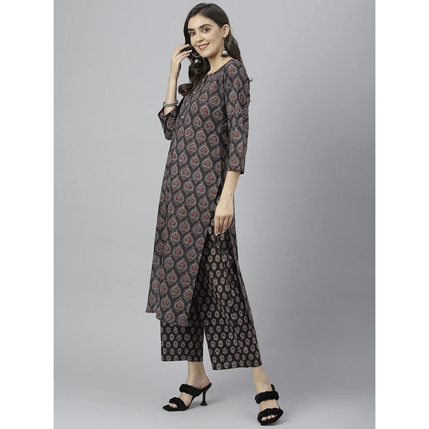 ANNI DESIGNER Women's Cotton Blend Straight Printed Kurta with Palazzo & Dupatta (Anky Brown_L_Brown_Large)
