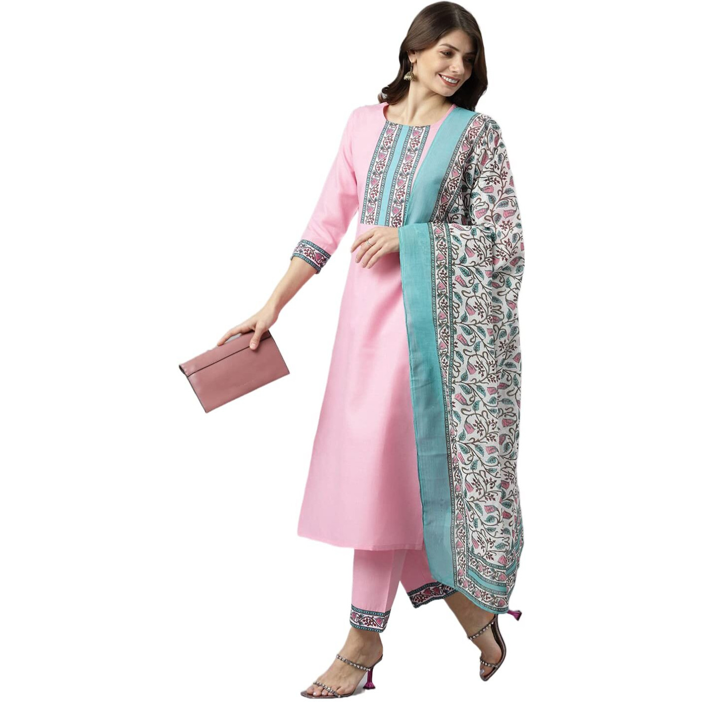 ANNI DESIGNER Women's Cotton Blend Straight Printed Kurta with Pant & Dupatta (Jam001-Pink & Grey_XL_Dark Blue_X-Large)