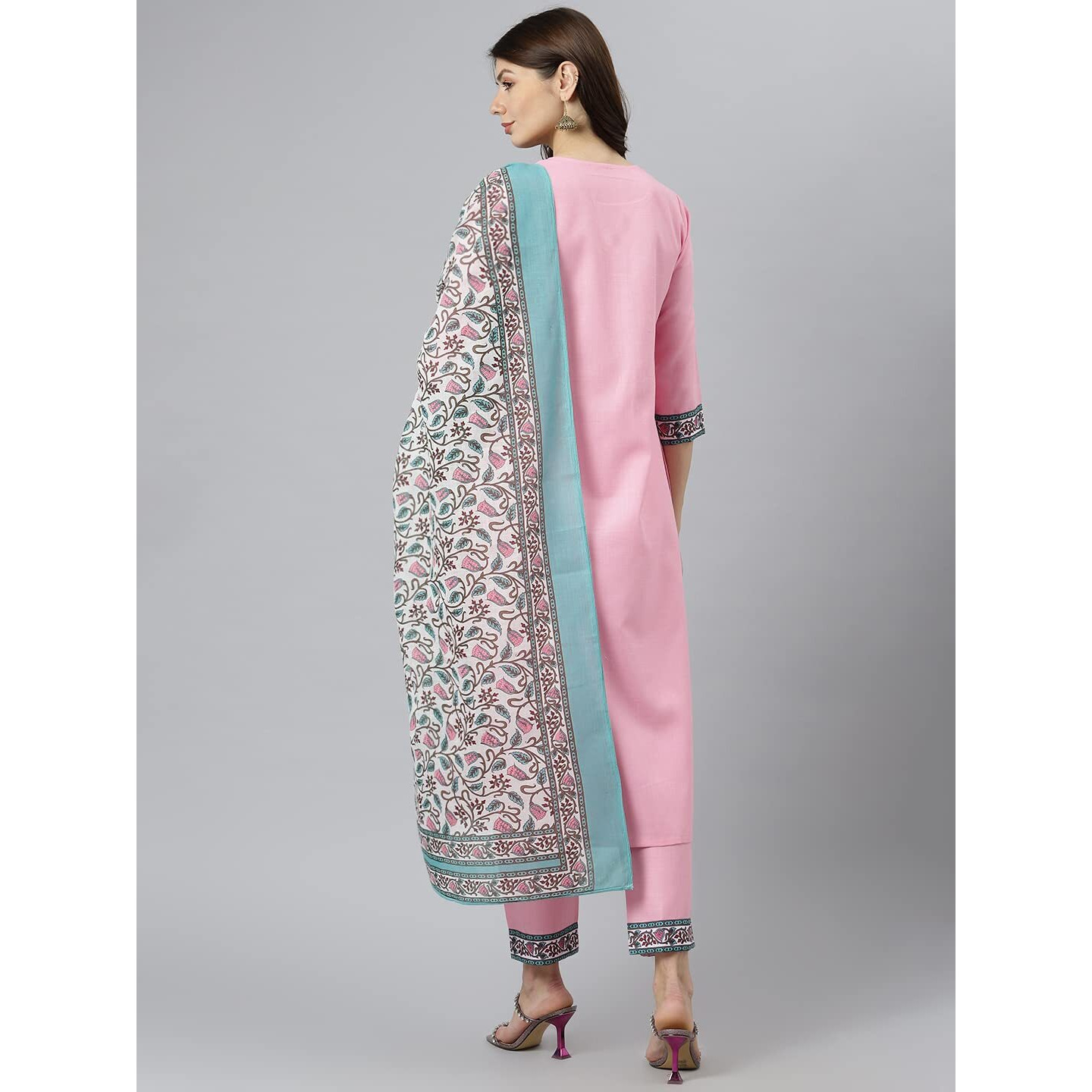ANNI DESIGNER Women's Cotton Blend Straight Printed Kurta with Pant & Dupatta (Jam001-Pink & Grey_XL_Dark Blue_X-Large)