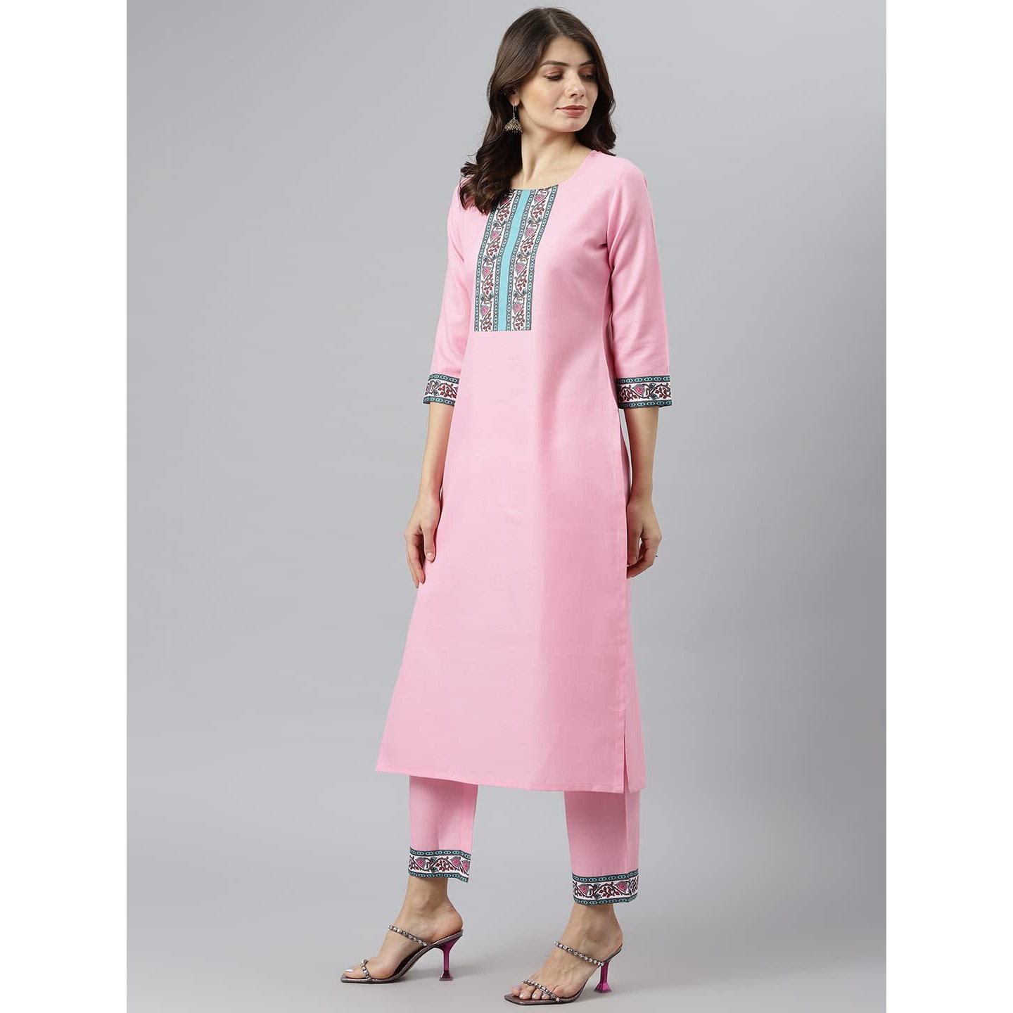 ANNI DESIGNER Women's Cotton Blend Straight Printed Kurta with Pant & Dupatta (Jam001-Pink & Grey_XL_Dark Blue_X-Large)