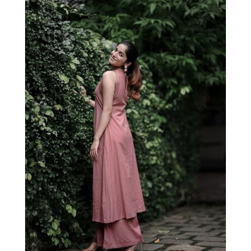ANNI DESIGNER Women's Rayon Blend Anarkali Solid Kurta with Palazzo (Maniraj Pink_L_Pink_Large)