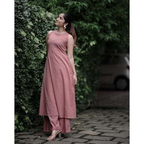 ANNI DESIGNER Women's Rayon Blend Anarkali Solid Kurta with Palazzo (Maniraj Pink_L_Pink_Large)
