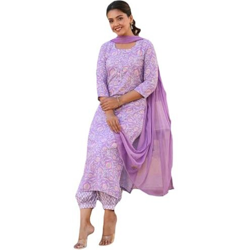 ANNI DESIGNER Women's Rayon Blend Printed Straight Kurta with Pant & Dupatta (WELCO-Purple-NW_M_Purple_Medium)