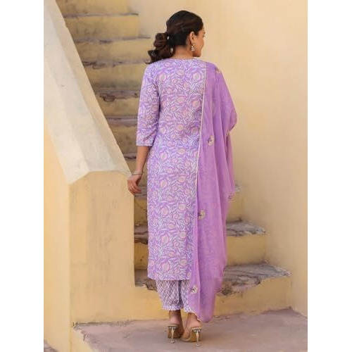 ANNI DESIGNER Women's Rayon Blend Printed Straight Kurta with Pant & Dupatta (WELCO-Purple-NW_M_Purple_Medium)