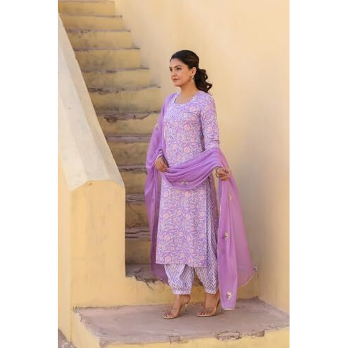 ANNI DESIGNER Women's Rayon Blend Printed Straight Kurta with Pant & Dupatta (WELCO-Purple-NW_M_Purple_Medium)