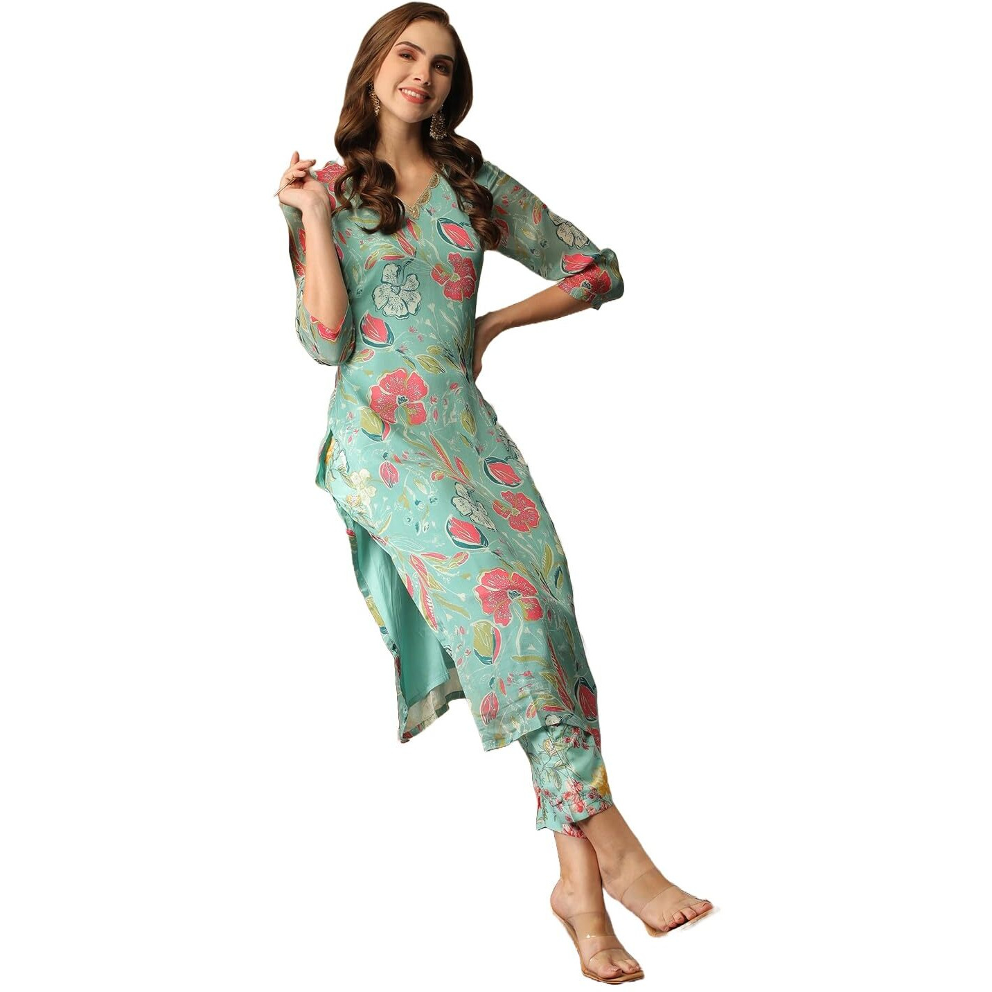 ANNI DESIGNER Women's Cotton Blend Straight Printed Kurta with Pant (Vitudi Green-NW_M_Green_Medium)