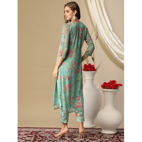 ANNI DESIGNER Women's Cotton Blend Straight Printed Kurta with Pant (Vitudi Green-NW_M_Green_Medium)