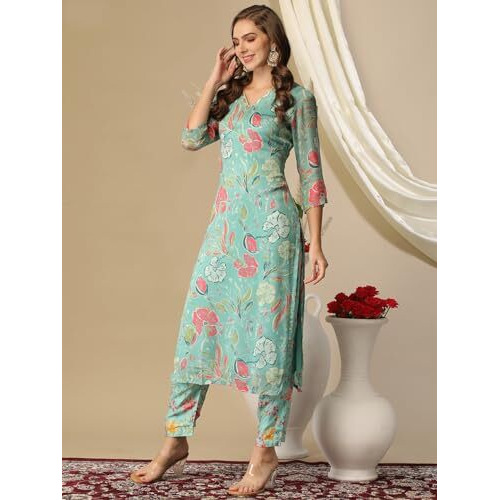 ANNI DESIGNER Women's Cotton Blend Straight Printed Kurta with Pant (Vitudi Green-NW_M_Green_Medium)