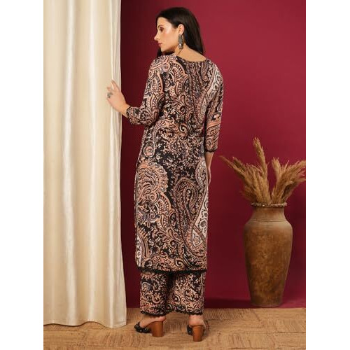 ANNI DESIGNER Women's Rayon Viscose Straight Printed Kurta with Palazzo (Elevate Black-VKS01_L_Black_Large)