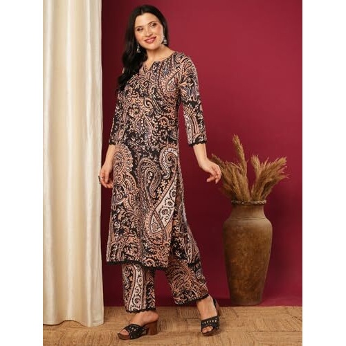 ANNI DESIGNER Women's Rayon Viscose Straight Printed Kurta with Palazzo (Elevate Black-VKS01_L_Black_Large)