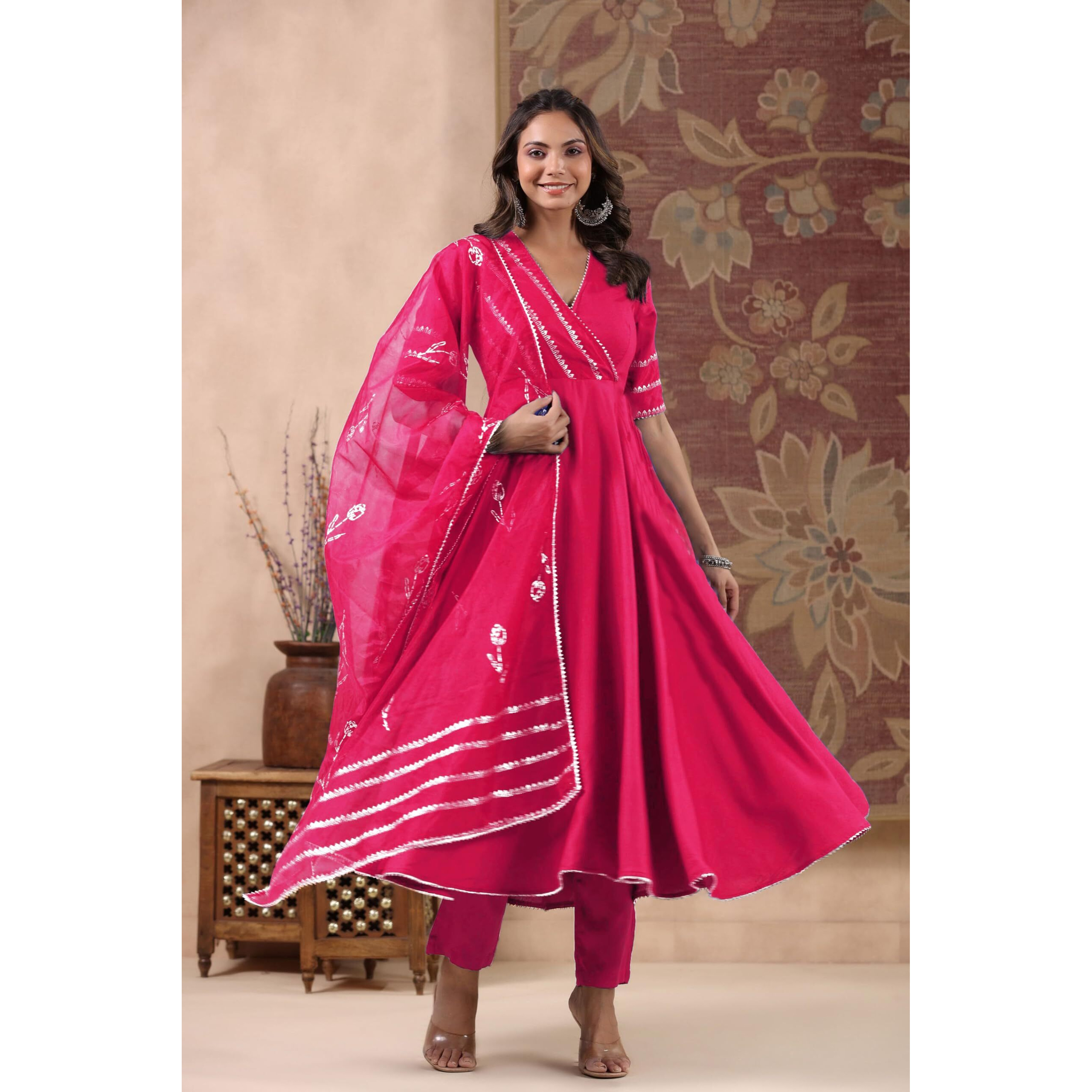 ANNI DESIGNER Women's Rayon Blend Anarkali Solid Kurta with Pant & Dupatta (NIRMOOHA Pink_XL_Pink_X-Large)