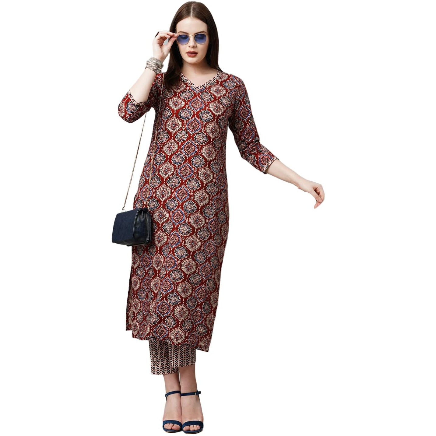 ANNI DESIGNER Women's Cotton Blend Traditional Straight Printed Kurta and Pant Set (Priyani Red-Nw5_S_Red_Small)