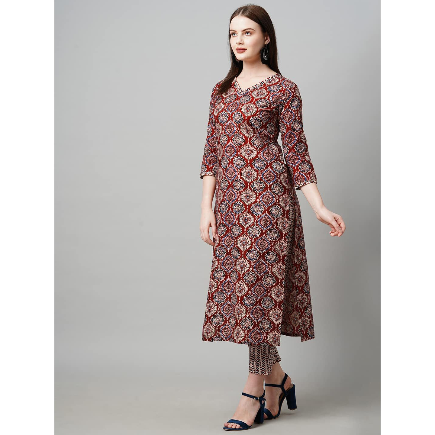 ANNI DESIGNER Women's Cotton Blend Traditional Straight Printed Kurta and Pant Set (Priyani Red-Nw5_S_Red_Small)