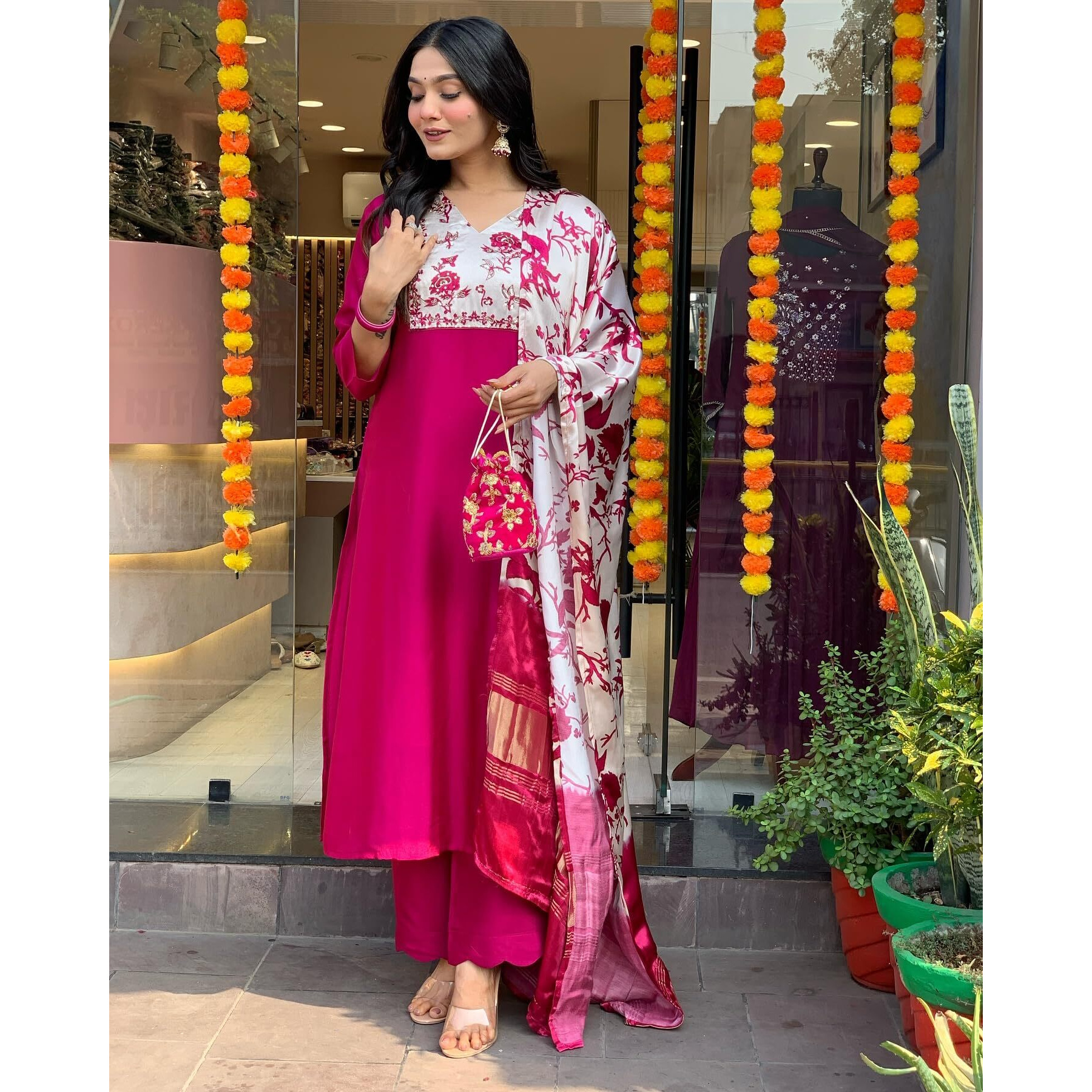 ANNI DESIGNER Women's Rayon Viscose Printed Straight Kurta with Pant & Dupatta (Kapasa Pink_S_Pink_Small)